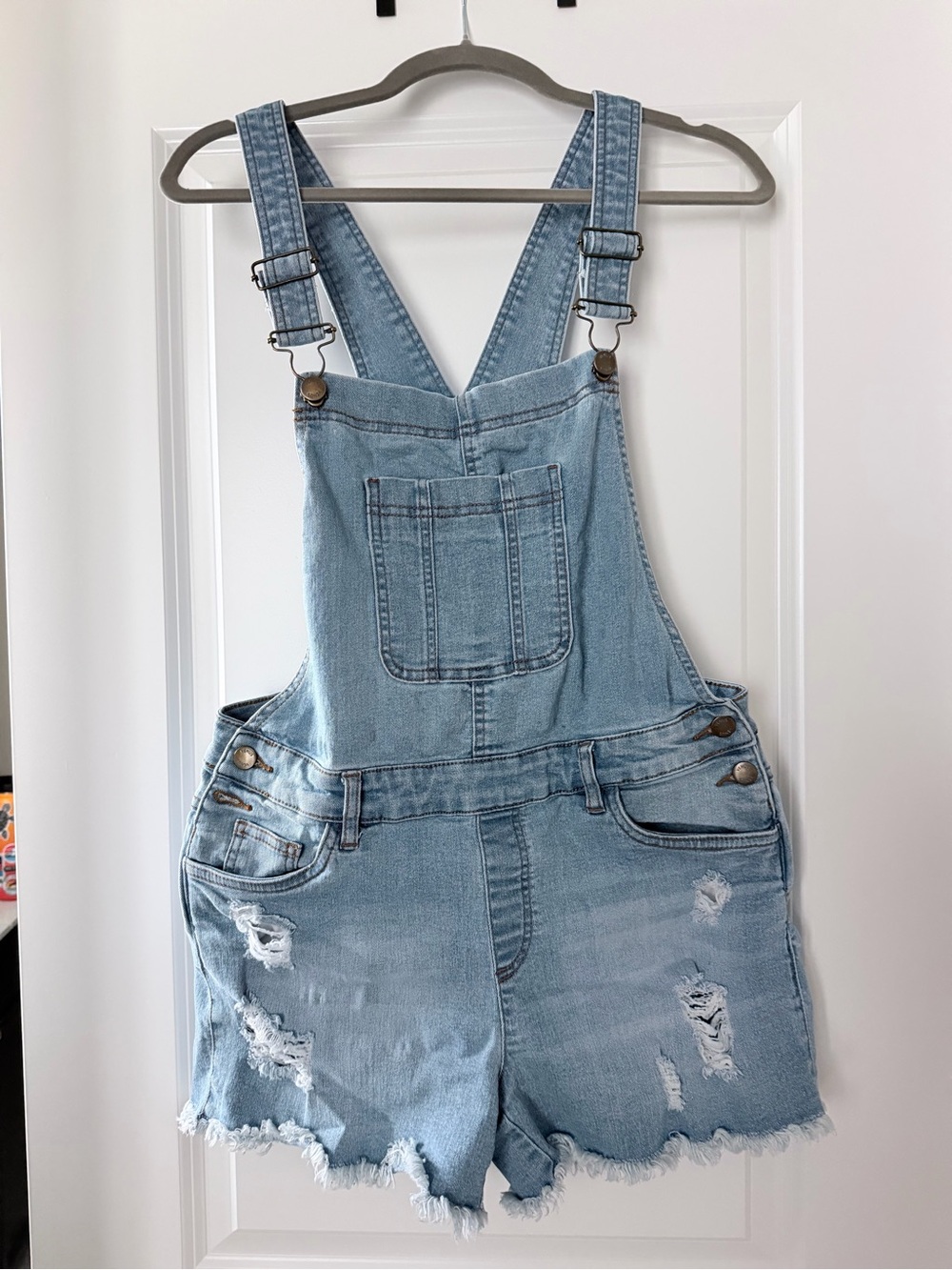 VENUS Light Blue Distressed Denim Short Overalls